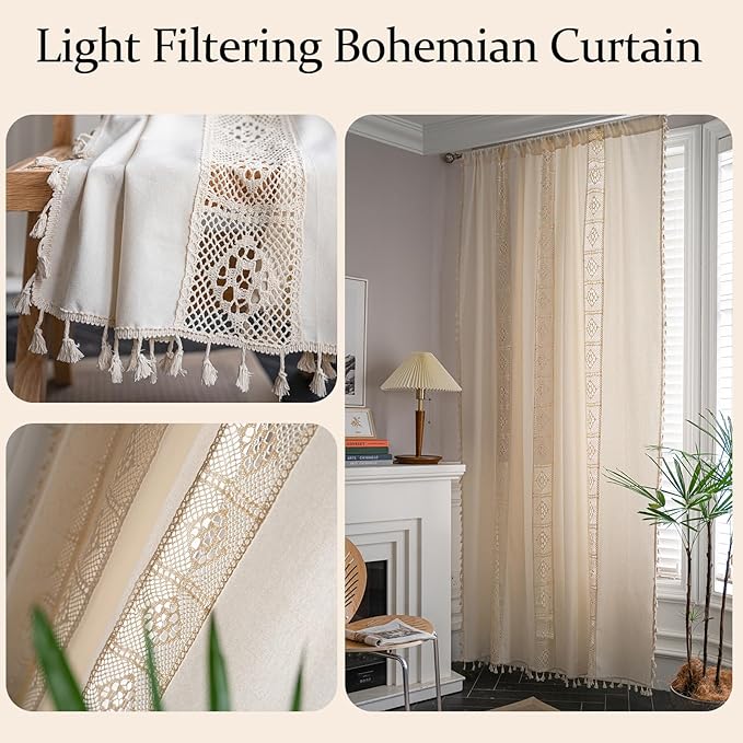 Sutuo Home Boho Curtain Crochet Lace Patchwork Semi-Blackout Bohemian Handmade - Image 3