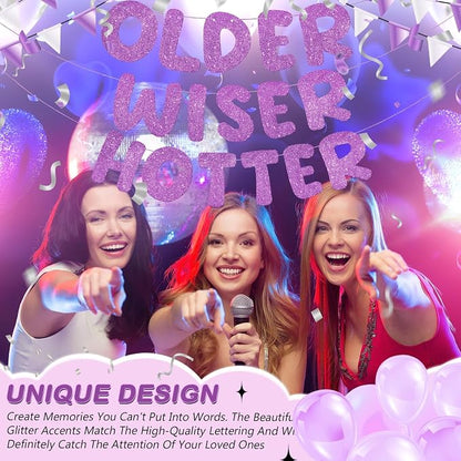 Fulmoon Set of 3 Pre Strung Older Wiser Hotter Glitter Banner Funny Birthday - Image 7