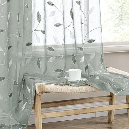 MIULEE Sage Sheer Curtains 2 Panels Embroidered Leaf Patterned, W52 x L63 | by MIULEE