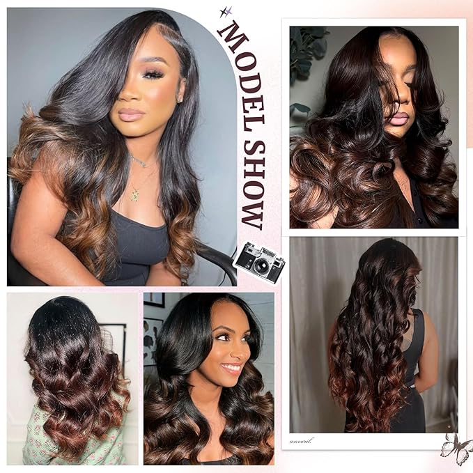T1B/2/30 Chestnut Brown Ombre Human Hair Bundles Body Wave 100% Real Virgin Human Hair Bundles Dark Roots Bundle 3 Tone Ombre Medium Auburn Colored Sew in Quick Weaves 16 18 20 Inch