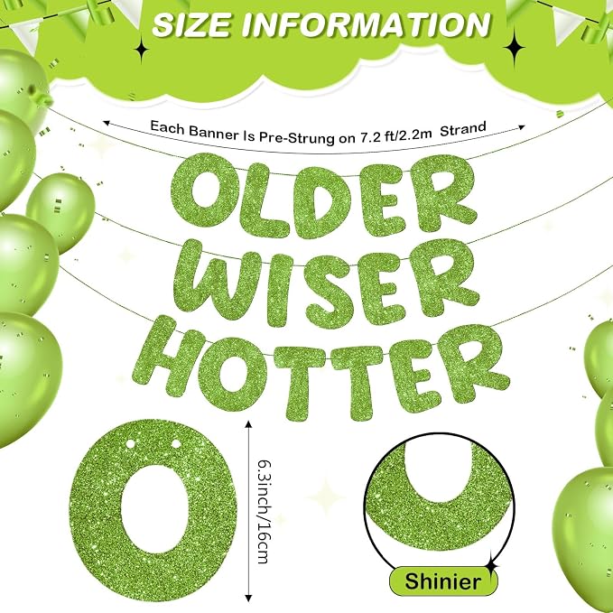 Fulmoon Set of 3 Pre Strung Older Wiser Hotter Glitter Banner Funny Birthday - Image 3