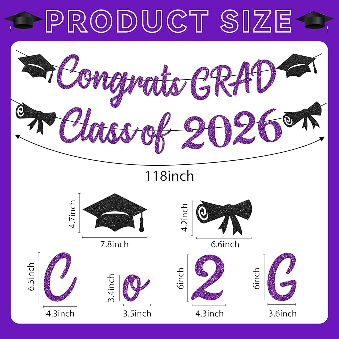 Black and Purple Graduation Banner, Glitter Purple Graduation Decorations Banner - Image 2