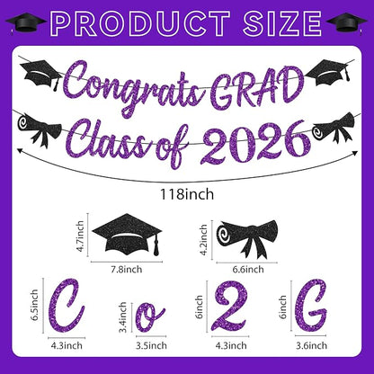 Black and Purple Graduation Banner, Glitter Purple Graduation Decorations Banner - Image 2