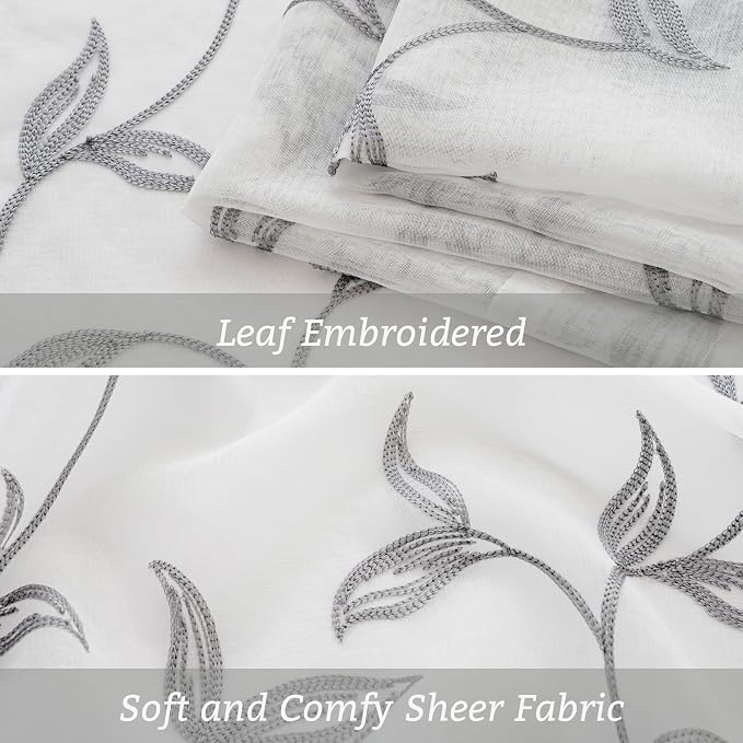 Sheer Curtains Boho Leaf Floral Embroidered Grey 54Wx63L | Light Filtering Semi - Image 5