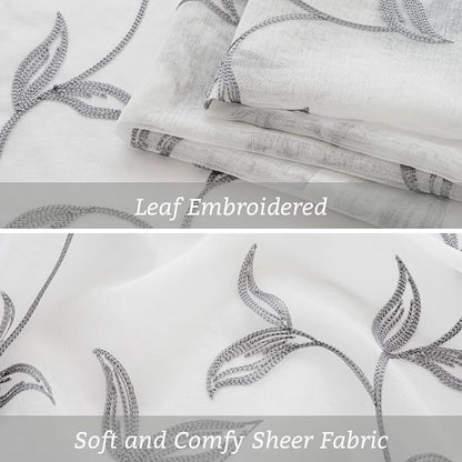 Sheer Curtains Boho Leaf Floral Embroidered Grey 54Wx56L | Light Filtering Semi - Image 3