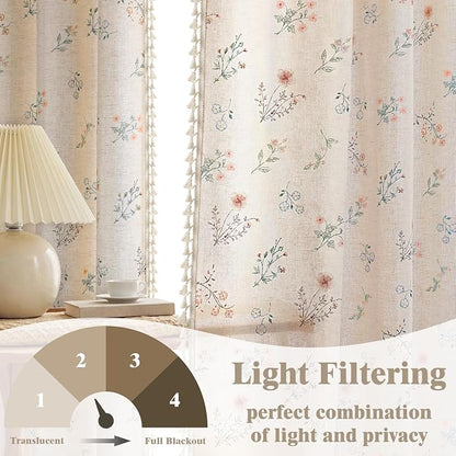 Boho Floral Light Filtering Curtains 96 Inch 2 Panels Linen Texture | Farmhouse - Image 3
