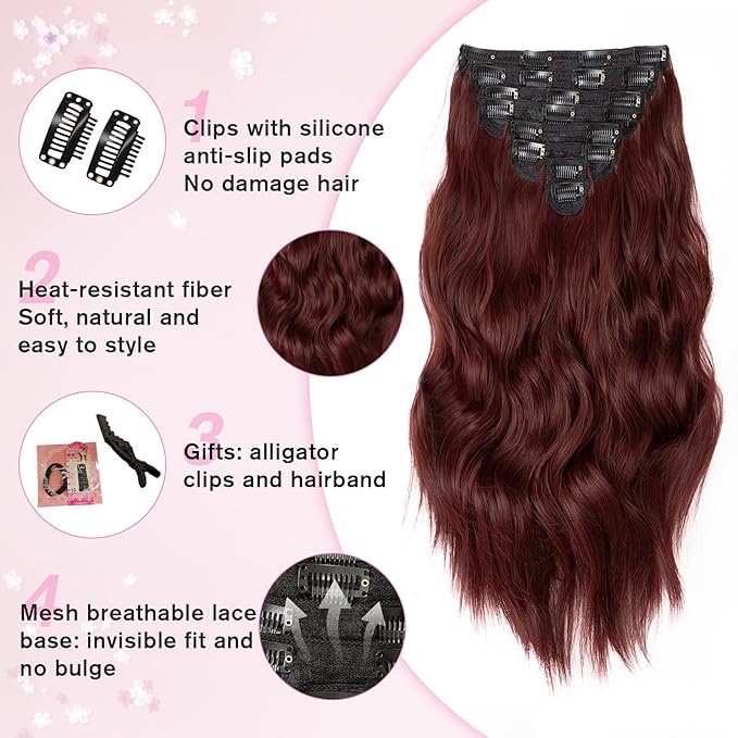 Clip in Hair Extensions for Women, 20 Inch 8PCS Red Hair Extensions Clip Ins Wavy, Synthetic Curly Hairpieces for Women, Invisible Lace Weft Hair Extension