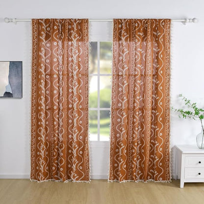 Schweek Burnt Orange 90 Inch Long Tassel Curtains 2 Panels - Image 2