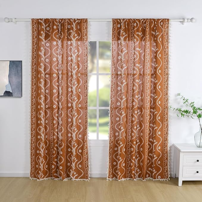 Schweek Floral Rust Orange Curtains 96 Inches Length 2 Panels - Image 2