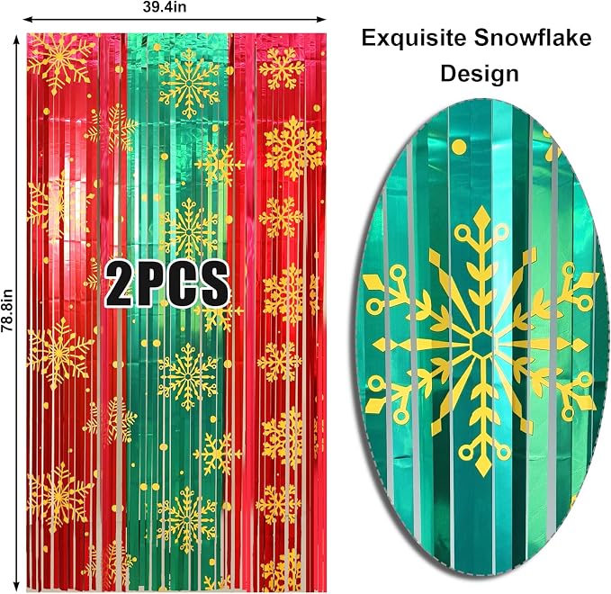 2 Packs Christmas Foil Fringe Curtain, Glitter Red Green Snowflake Metallic - Image 6