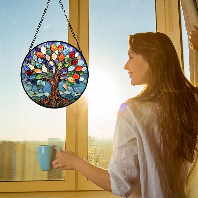 DASTOLL Stained Glass Window Hanging, Colorful Tree of Life Sun Catchers Glass - Image 2