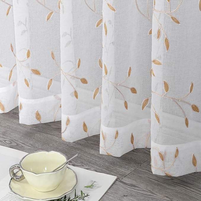 White Sheer Voile Curtains, Decorative Orange Leaves Embroidery Faux Linen Rod - Image 7