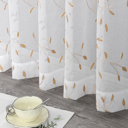 White Sheer Voile Curtains, Decorative Orange Leaves Embroidery Faux Linen Rod - Image 7