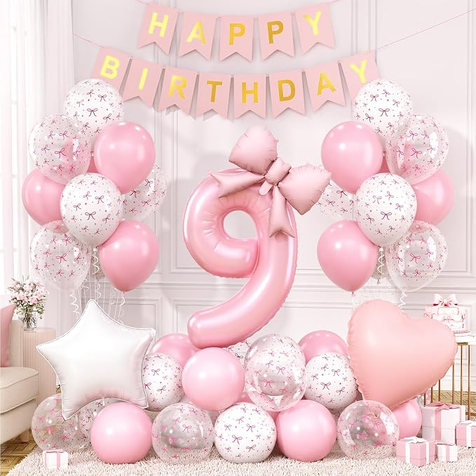 9th Pink Bow Birthday Decorations by Xinvery