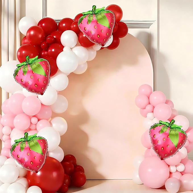143pcs Red Pink and White Strawberry Balloon Garland Arch Kit | Latex Balloons by Unknown