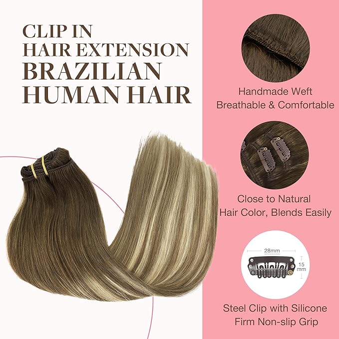 GOO GOO Clip in Hair Extensions Real Human Hair, Remy Human Hair Extensions Clip ins for Women, Natural Human Hair, 24inch 120g 7Pcs, 3/8/613 Balayage Walnut Brown to Ash Brown and Bleach Blonde