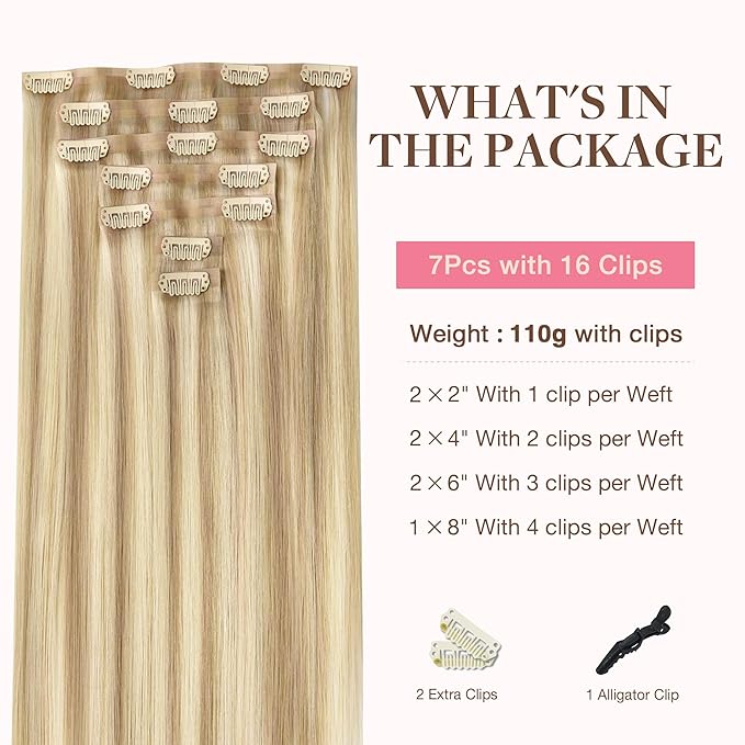 GOO GOO Clip in Hair Extensions Real Human Hair, Remy Human Hair Extensions Clip ins for Women, Natural Human Hair, 24inch 120g 7Pcs, 18A/613A Dark Blonde Highlighted Bleach Blonde