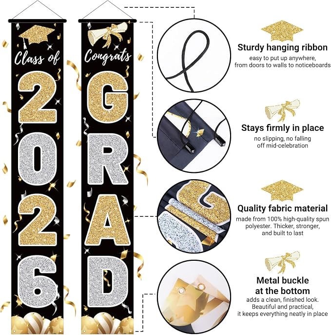Graduation Decorations 2026, Class of 2026 Banner Congrats Grad | Black Porch - Image 3