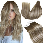 LaaVoo Tape in Hair Extensions Human Hair Ombre Hair Extensions Tape on Balayage Light Brown Fading to Platinum Blonde with Brown Tape in Extensions Silky Straight 14inch 20pcs 50g