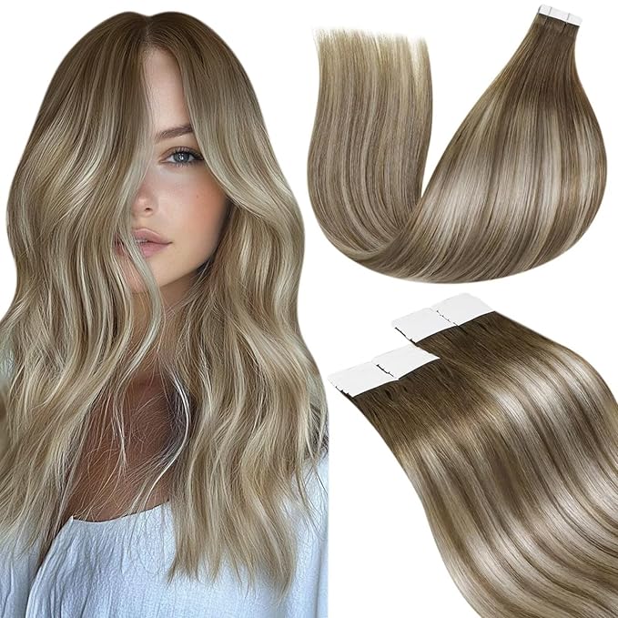 LaaVoo Hair Extensions Tape in Human Hair Tape in Extensions Balayage Light Brown to Platinum Blonde with Brown Tape on Hair Extensions Human Hair Seamless 12inch 20pcs 30g