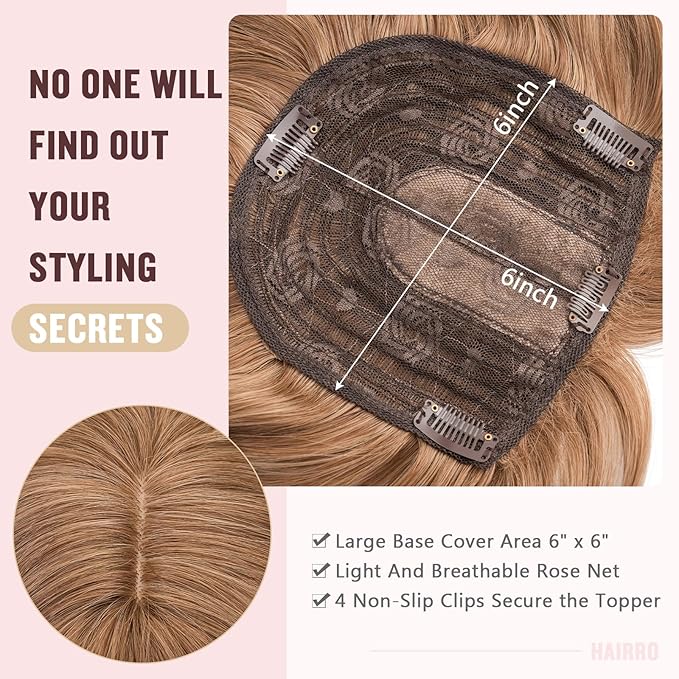 Hairro 18 Inch Long Hair Toppers Wavy with Side Bangs for Women, Clips In Synthetic Hairpieces Capless, for Adding Volume/Birthday/Party/Halloween/Cosplay Dress Up, Light Brown Mix Blonde