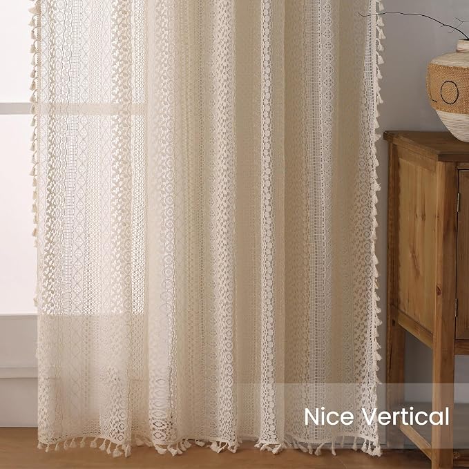 WAZZIO Boho Lace Curtains 90 Inches 2 Panel, Light Filtering Privacy Tassel & - Image 6