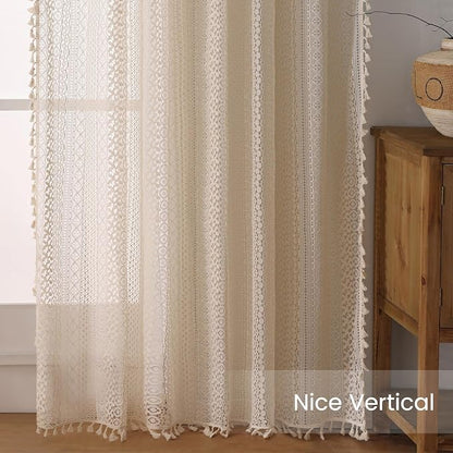 WAZZIO Boho Lace Curtains 96 Inches 2 Panel, Light Filtering Privacy Tassel & - Image 7