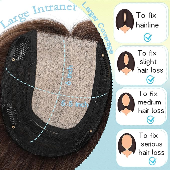Hair Toppers for Women Real Human Hair, 360° 3D Toppers Pieces for Women with Thinning Crown Side Bangs 14 Inch Upgrade Big Basement (Medium Brown, 14 Inch Side Bangs)