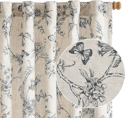 Black Floral Linen Lined Curtains Rod Pocket 50W X 90L 2 Panels | Charlotte by Lazzzy