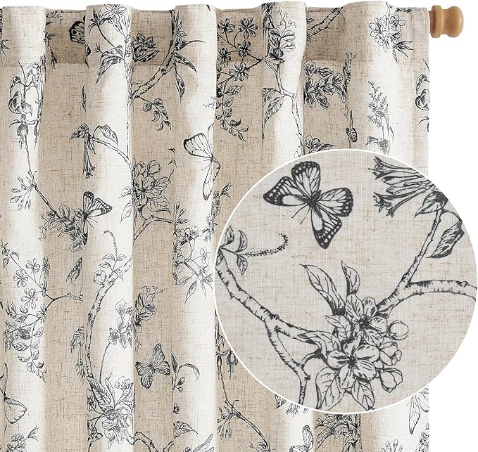 Black Floral Linen Lined Curtains Rod Pocket 50W X 84L 2 Panels | Charlotte by Lazzzy