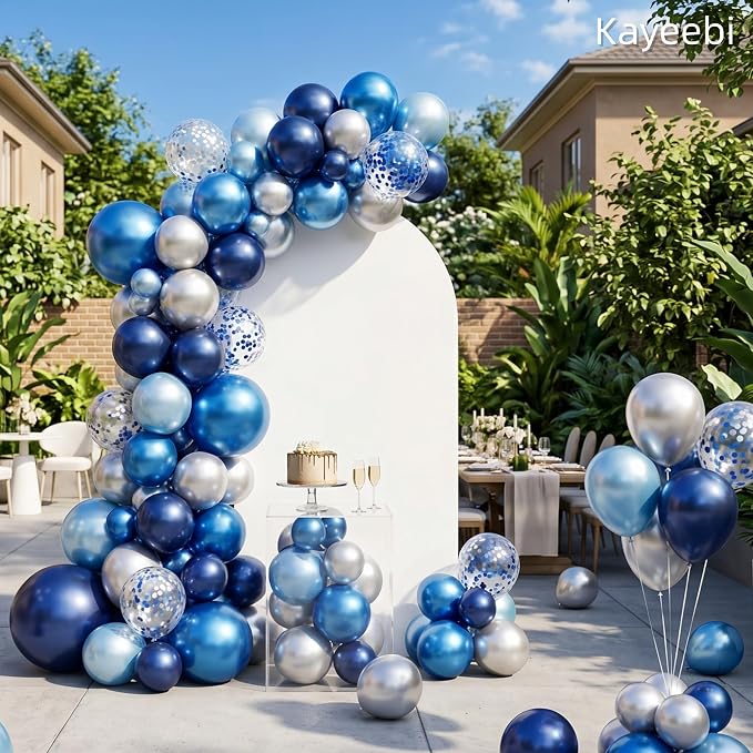 Blue Silver Balloons 12 Inch Blue and Silver Balloons Dark Navy Confetti Latex - Image 2