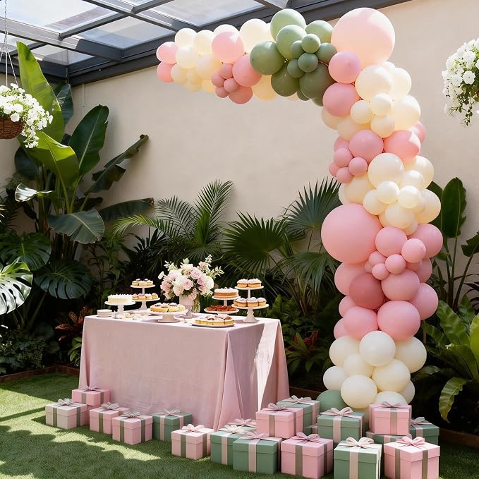 FunHot Sage Green Pink Balloons, 12 Inch Light Yellow Ivory Latex Balloons - Image 5