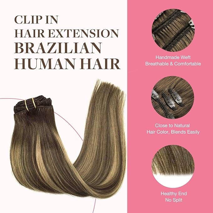 GOO GOO Clip in Hair Extensions Real Human Hair, Remy Human Hair Extensions Clip ins for Women, Natural Human Hair, 22inch 220g 9Pcs, #4/27/4 Balayage Chocolate Brown to Caramel Blonde