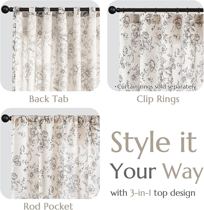 jinchan Black Floral Linen Curtains 120 Inch Farmhouse Back Tab 2 Panels | - Image 4