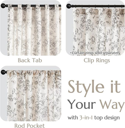 jinchan Black Floral Linen Curtains 120 Inch Farmhouse Back Tab 2 Panels | - Image 4