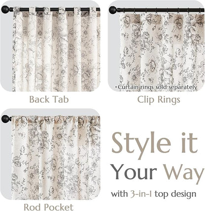 jinchan Black Floral Linen Curtains 90 Inch Vintage Back Tab 2 Panels | Light - Image 4