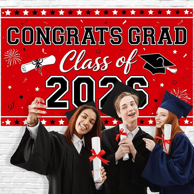 Red Graduation Banner Class of 2026-72" x 44" Congrats Grad Backdrop Decorations - Image 4