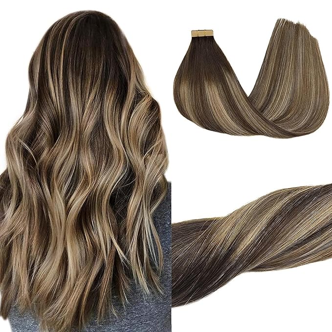 GOO GOO Tape in Hair Extensions Human Hair, 4/26/4 Balayage Chocolate Brown to Honey Blonde, 16inch 50g 20pcs, Skin Weft Seamless Invisible, Silky Straight with Thick Ends, Remy Human Hair
