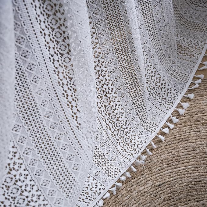 Sutuo Home White Boho Curtains Crochet Lace Semi-Sheer Bohemian Hollow Knitted - Image 5