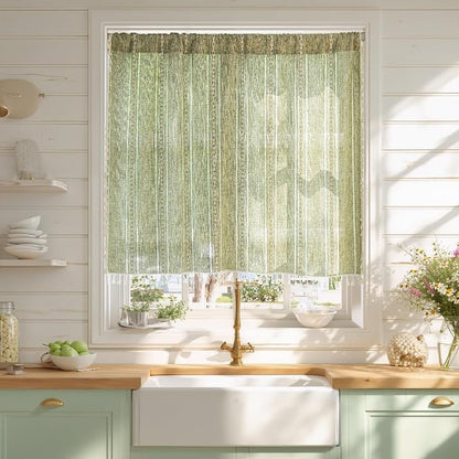 Sutuo Home Green Boho Curtain 52W x 36L inch White Striped Light Filtering by SutuoHome