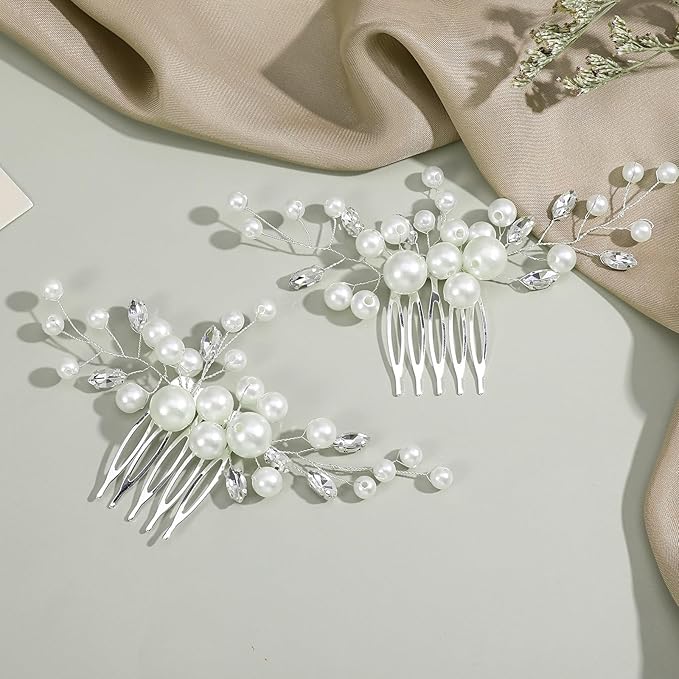 2PCS Pearl Wedding Hair Comb, Rhinestone Pearl Hair Accessories Crystal Hairs Pieces Bridal Hairs Clips for Women and Brides Bridesmaid
