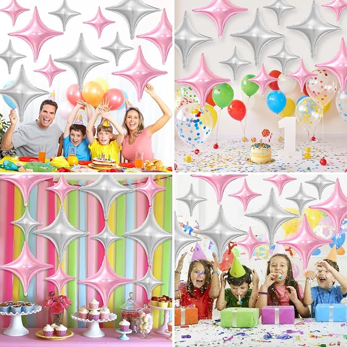 Pink Silver Star Balloons, 26Inch and 10Inch Pink Silver Quadrangle Helium - Image 3