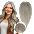 Real Human Hair Toppers for Women 3.54"*4.72" Silky Base 150% Density No Bangs Adjustable Parting Clip-In Topper Hairpieces for Women with Thinning Hair 12 Inches White Mixed Natural Black
