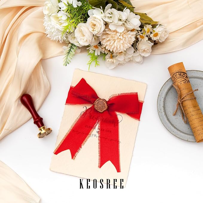 KEOSREE 3 Rolls Red Handmade Chiffon Ribbon, 1.5" x 21Yd | Frayed Fringe Silk - Image 5