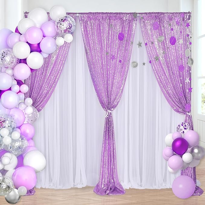 Lavender Sequin Backdrop Curtains Party Photo Glitter Drapes 2 Pcs 2FTx8FT | - Image 3