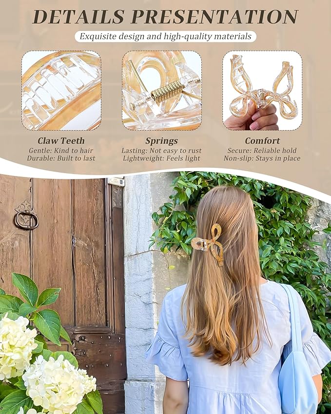 Mesovor 4 Pack Bow Hair Claw Clips for Women, Nonslip 4.3" Large Hair Grip Clawclips for Thin and Thick | Bowknot Hair Strong Hold Hair Jaw Clamps Gifts (Pink, Blue, Yellow, Gray)