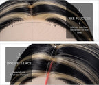 BrittyHair Black Mix Blonde Long Straight Wig for Women 26 Inches Synthetic Layered Wig 13x4x1 Black Mix Blonde Lace Front Wig Middle Part Synthetic Wigs for Daily Cosplay Party Use