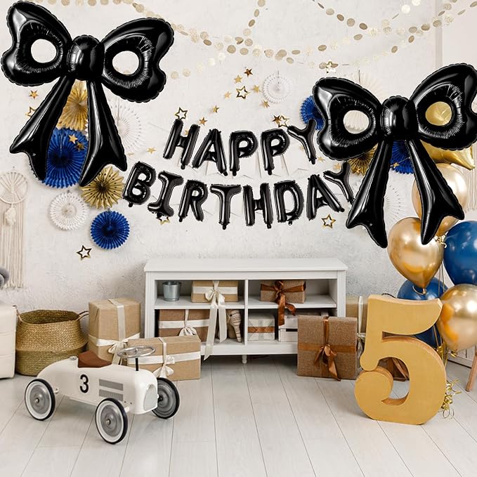 Black Happy Birthday Balloons, 31”Huge Black Bow Aluminum Foil Balloon Banner - Image 8