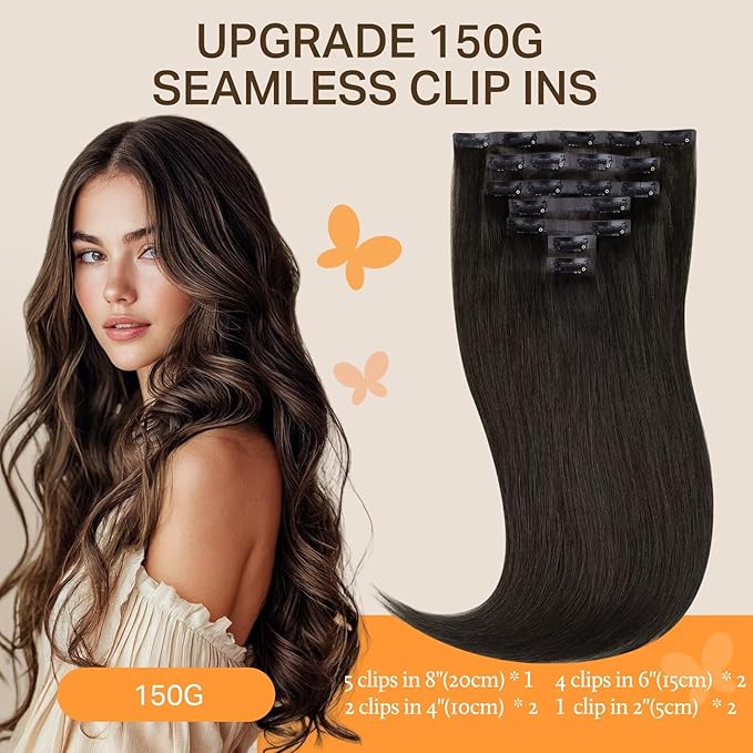 DOORES Clip in Hair Extensions Human Hair, Mocha Brown 16 Inch 130g 7pcs, Seamless Clip in Hair Extensions Invisi Edge Hair Extensions Remy Hair Extensions Insible Weft Natural Straight
