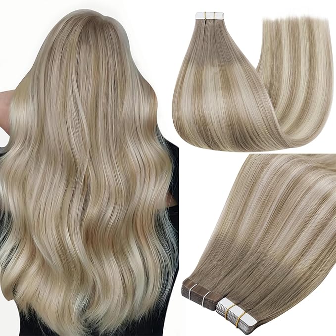 Full Shine 12 Inch Tape in Hair Extensions Human Hair Color 19 Grey Fading to 8 Ash Brown And 60 Blonde Hair Extensions Tape in 30 Gram Tape in Extensions Seamless Skin Weft for Women 20 Pieces